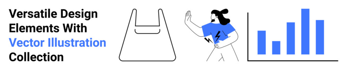 Shopping bag outline, dynamic person sketch, and bar chart graphic. Ideal for e-commerce, data analytics, creativity, branding, business strategy, user interfaces flat landing page banner