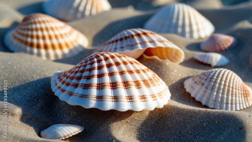 Poster seashells scattered on sandy beach revealing intricate patterns and textures in sunlight for coastal