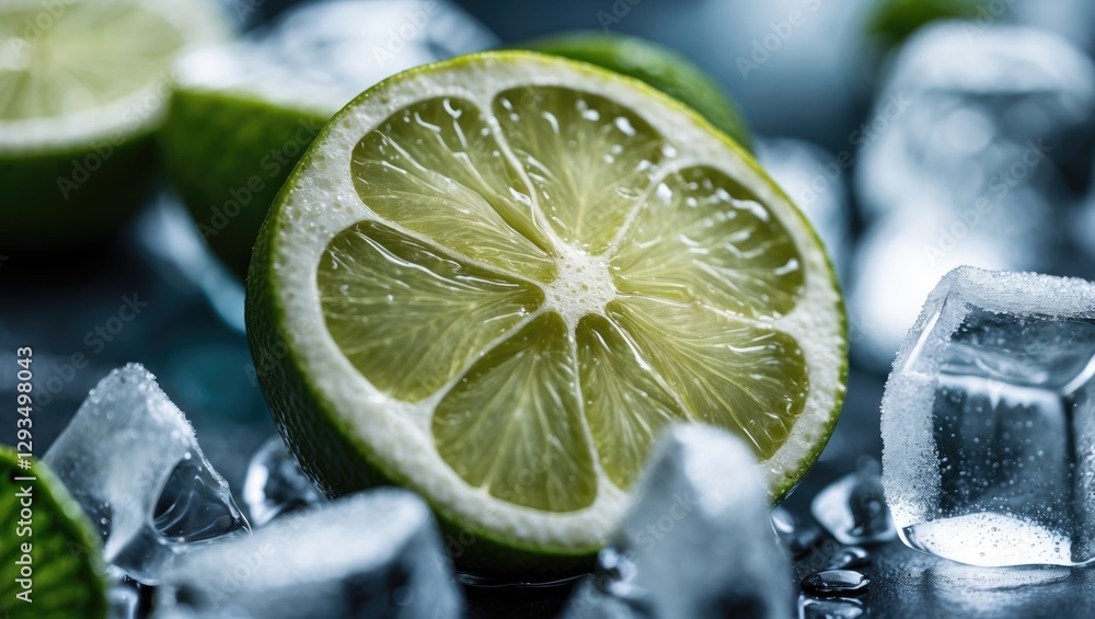 Poster fresh lime slice on ice with cocktail elements and clear copy space for refreshing beverage promotio