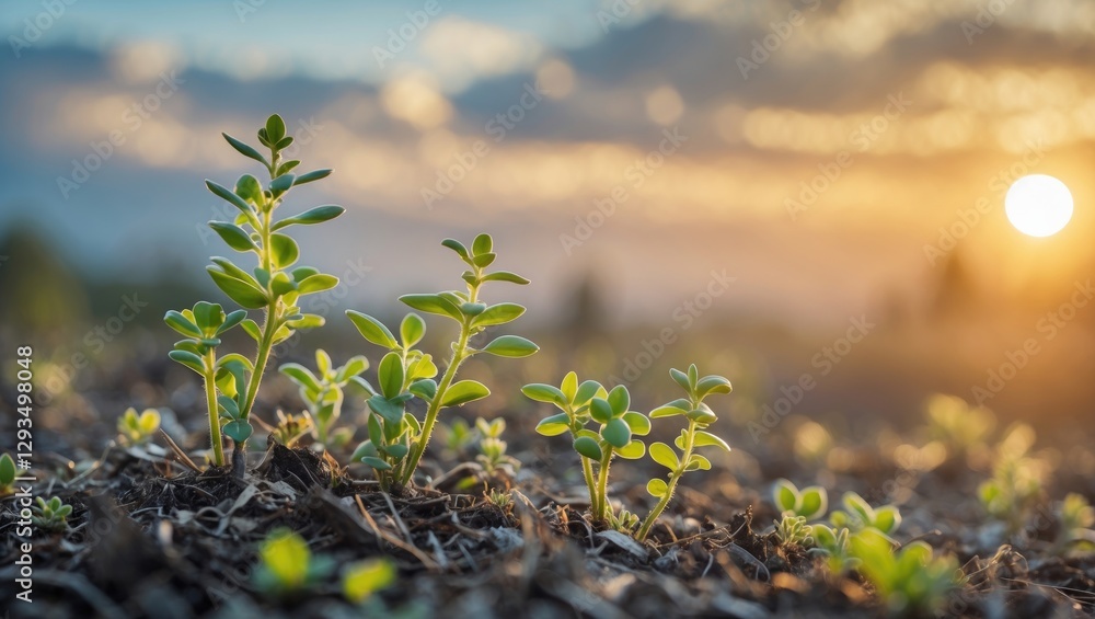 Aufkleber Sunrise Over Small Green Plants on Soil With Natural Light and Empty Space for Text or Copy in a Serene Nature Setting
