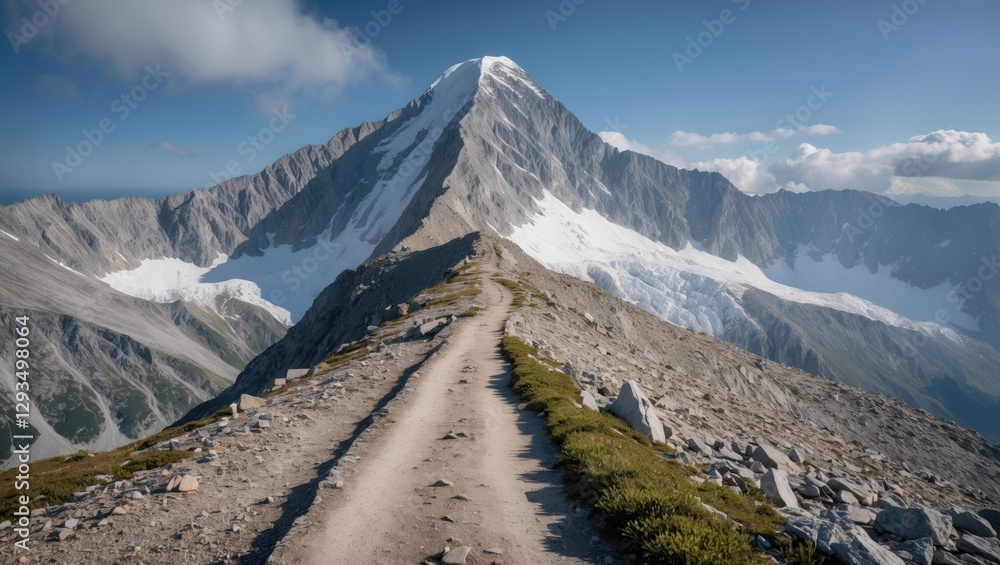 Poster scenic mountain path leading to summit with clear blue sky and empty space for inspirational text