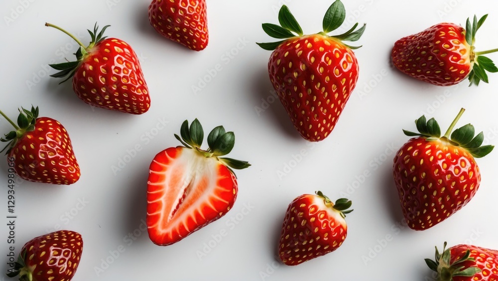Poster Fresh and Juicy Strawberries on White Background with Space for Text or Advertisements in Culinary or Healthy Lifestyle Themes
