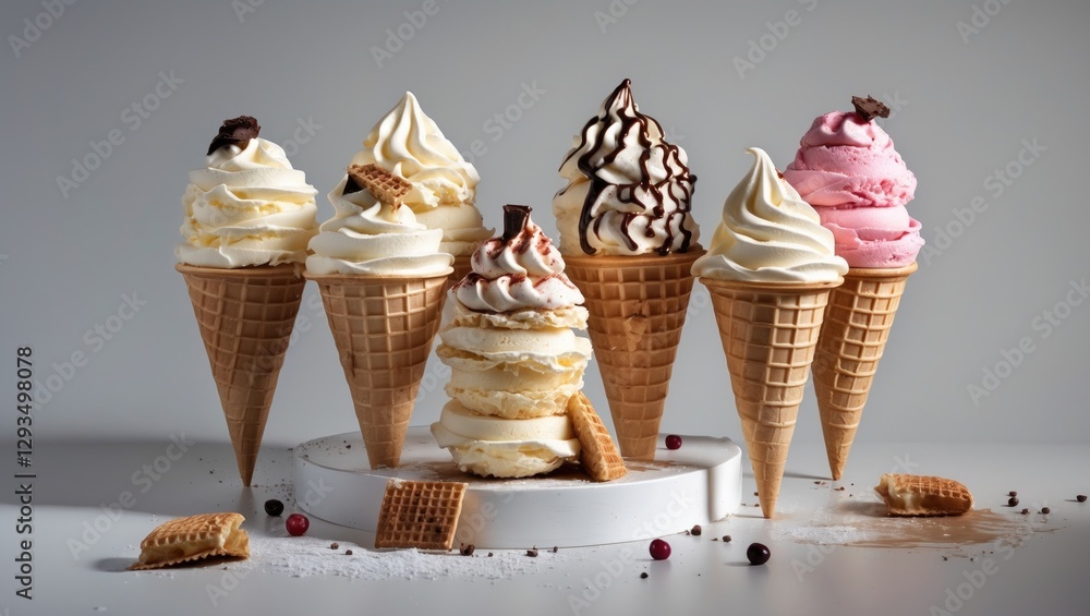 Poster waffle ice cream cones displayed against a solid background with empty copy space for creative text 