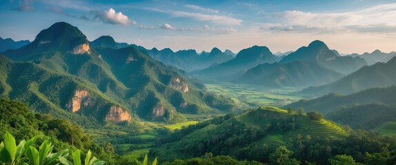 Fototapeta premium Breathtaking Vietnamese mountain landscape with lush green hills and dramatic sky viewed from a high angle, showcasing serene nature beauty.