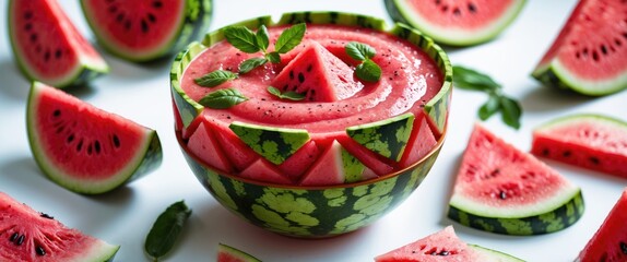 Refreshing Watermelon Smoothie Served In Carved Bowl Surrounded By Fresh Fruit Slices Ideal For Summer Healthy Drinks And Desserts