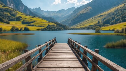 Scenic Lake View Surrounded By Lush Mountain Fields And Wooden Bridge Over Calm Waters Under A Clear Blue Sky