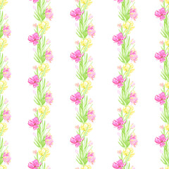 Hand drawn watercolor pink and yellow tulips with green leaves seamless pattern. Illustration isolated on white background. Can be used for textile, fabric, wrapping and other printed products.