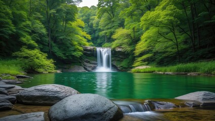 Serene Waterfall Surrounded By Lush Green Forest And Crystal Clear Lake At National Park Ideal For Nature And Outdoor Enthusiasts