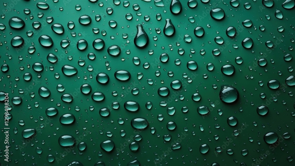 Poster water droplets on a vibrant green metallic surface creating an abstract textured background with ref