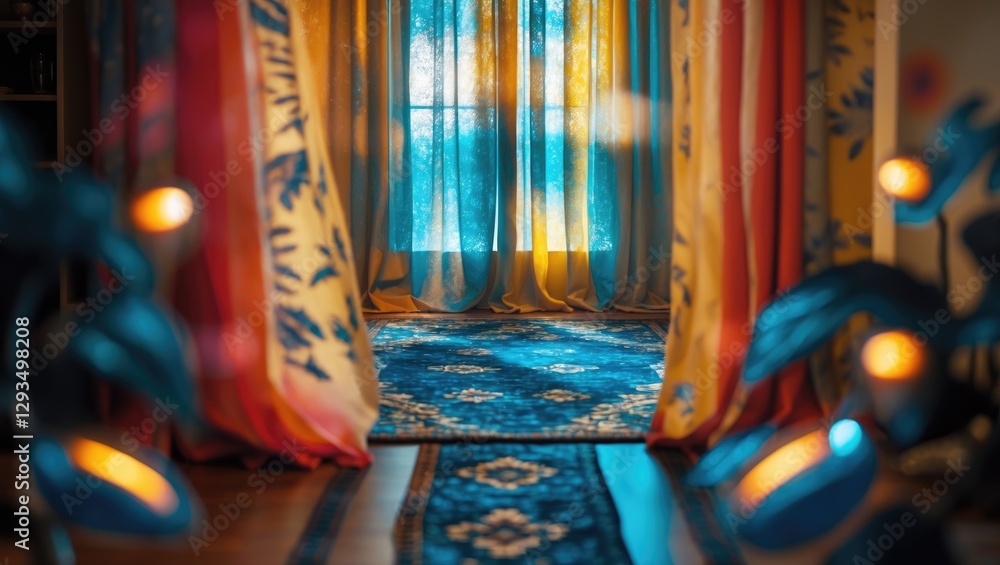 Poster colorful curtains creating a warm, inviting atmosphere with blurred textures and soft lighting in a 