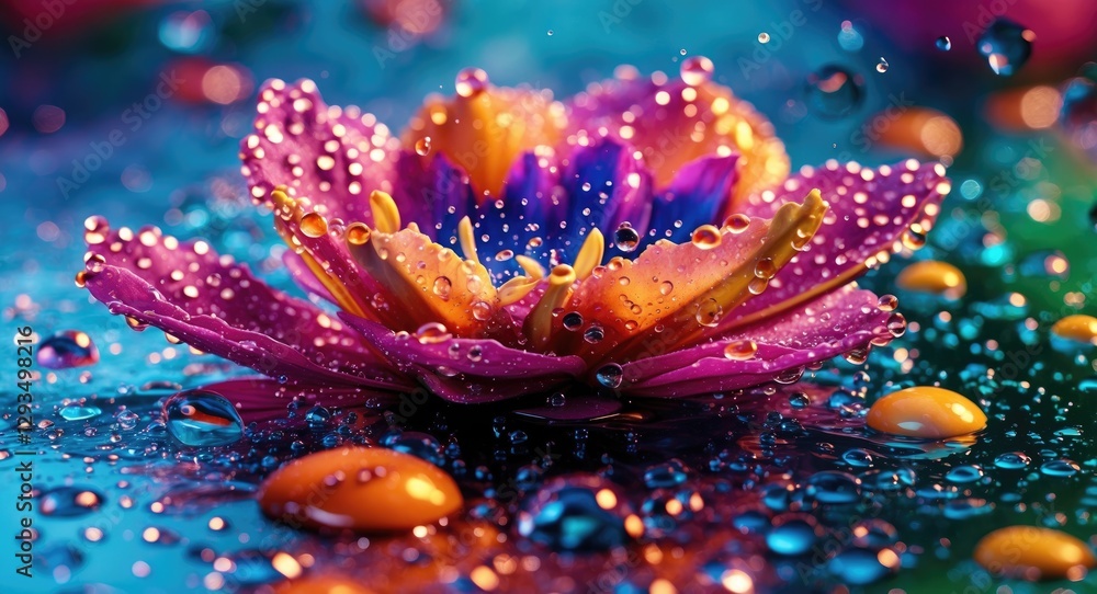 Poster vibrant close-up of a colorful flower surrounded by water droplets creating an artistic abstract nat