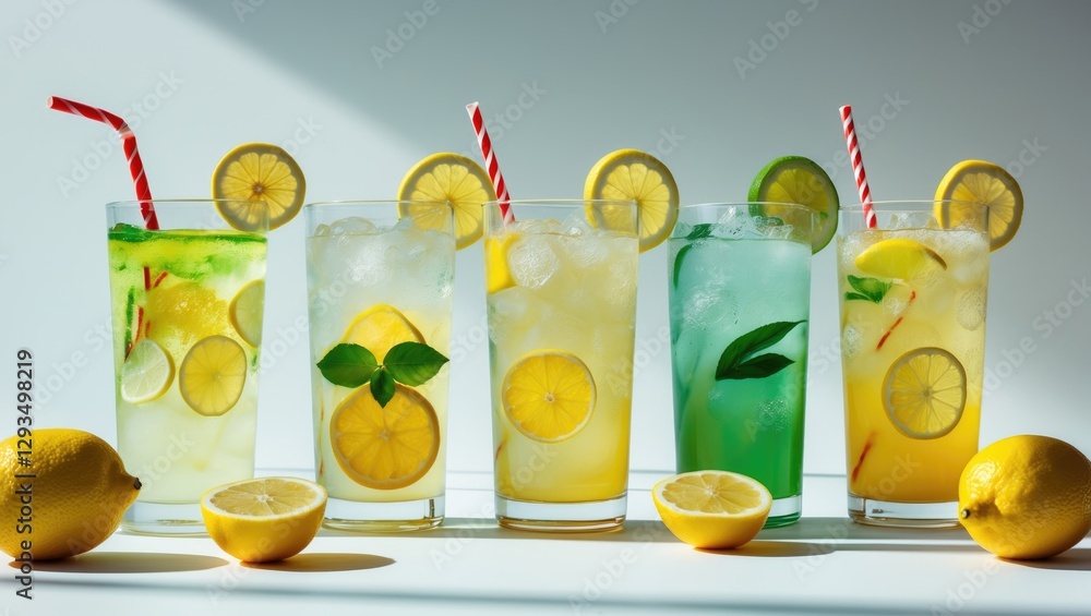 Poster variety of colorful lemonade drinks with fresh lemons and straw on a bright background