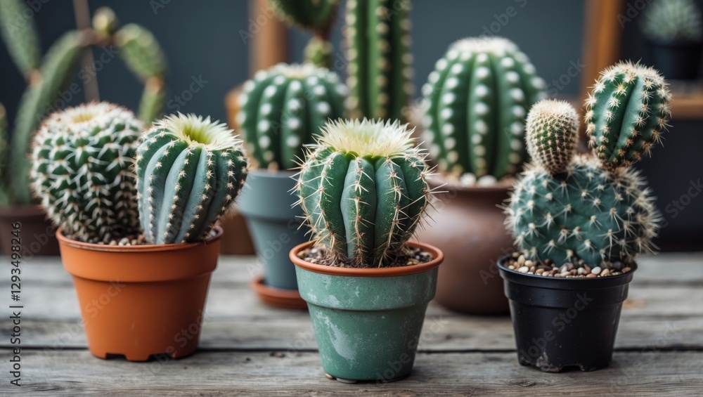 Poster Assorted vibrant cacti displayed in small pots on a wooden table showcasing their unique shapes and textures in a cozy indoor setting
