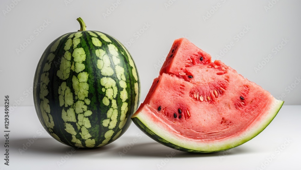 Poster fresh watermelon and sliced sections on a minimalist white background showcasing juicy red flesh and