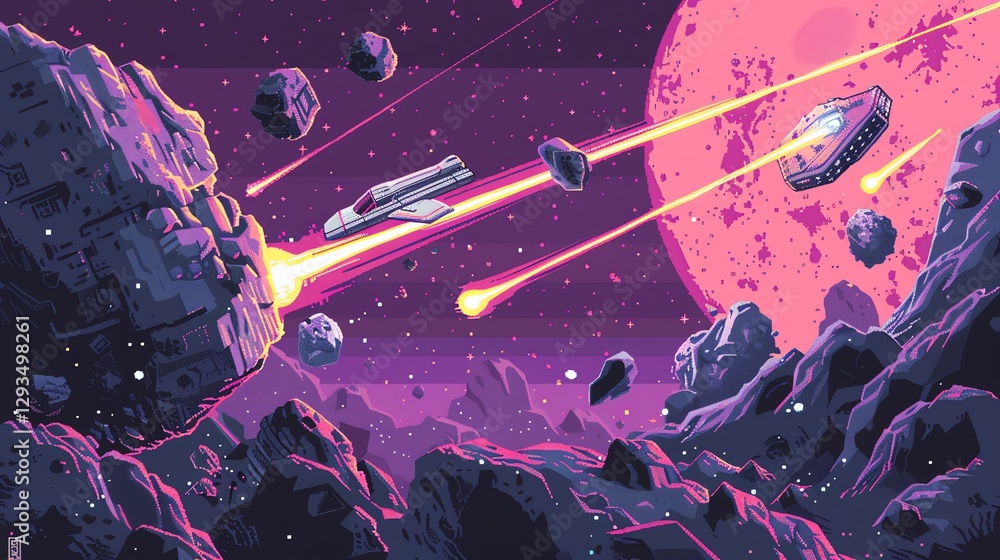 Poster pixel art of spaceships flying through an asteroid field.