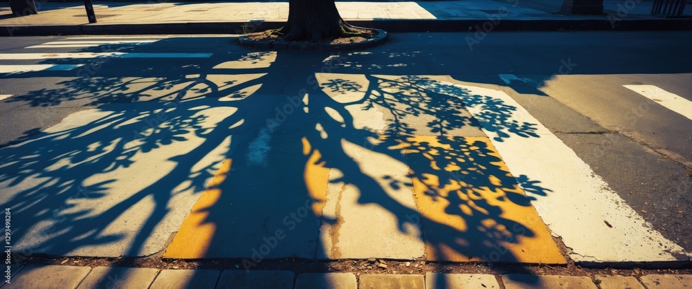 Poster Tree shadow cast on crosswalk with intricate leaf patterns highlighting urban landscape and nature's interplay during daylight.