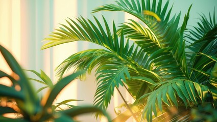 Vibrant Green Palm Leaves Illuminated by Sunlight Creating a Tropical Atmosphere with Fresh Indoor Foliage and Soft Background Colors.