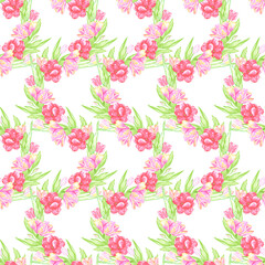 Hand drawn watercolor pink and scarlet tulips bouquet seamless pattern. Illustration isolated on white background. Can be used for textile, fabric, wrapping and other printed products.