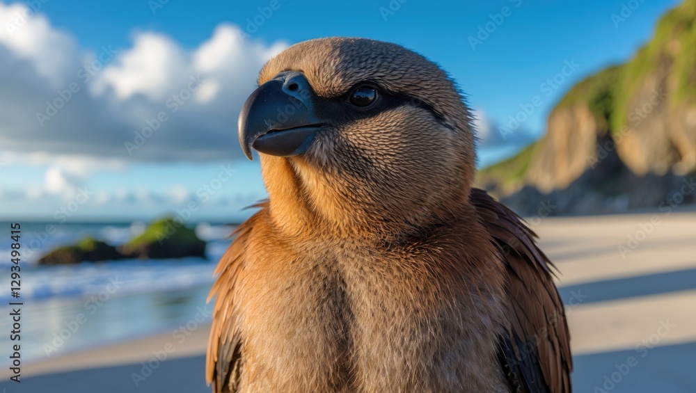 Poster kakapo bird against scenic beach background with clear blue sky and space for text or graphics