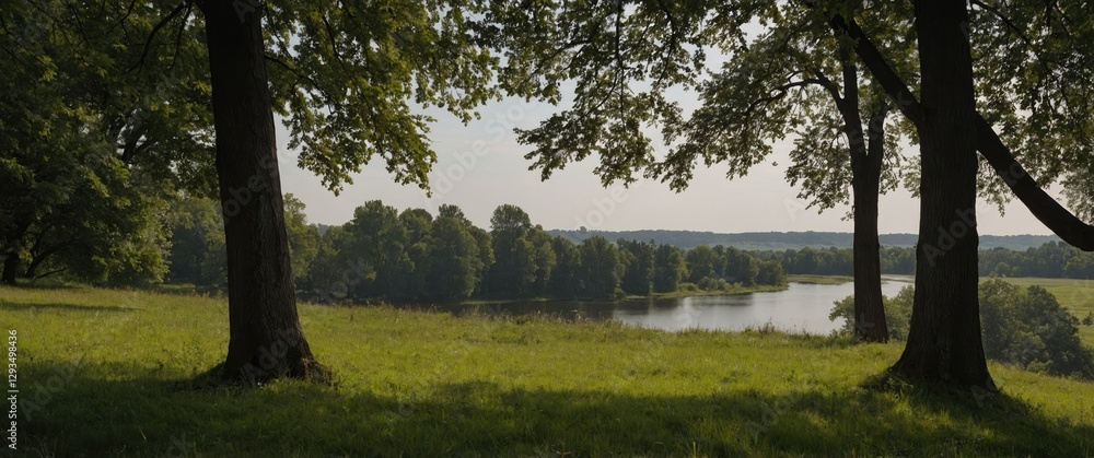 Poster scenic summer view with lush greenery and tranquil river under clear skies ideal for text overlay or