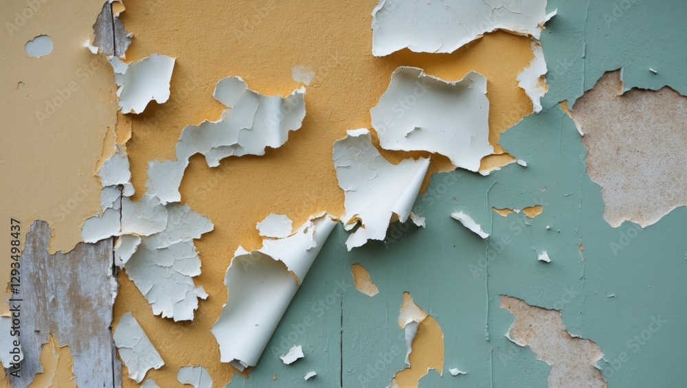 Poster peeled paint texture on wall showcasing layers of color changes and weathering effects in a close-up
