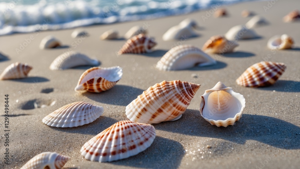 Aufkleber Seashells Lying on a Sandy Beach with Faint Wave Traces Creating a Serene and Tranquil Coastal Scene Under Soft Ocean Light