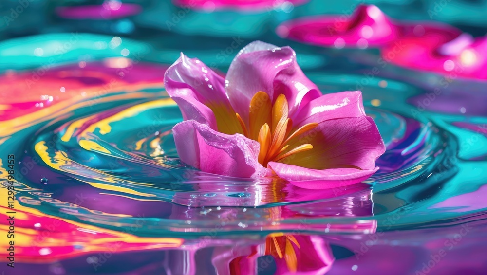 Poster Vibrant close-up of a pink flower floating in reflective water with colorful swirling patterns creating a serene and artistic atmosphere.