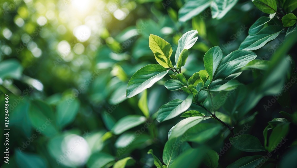 Aufkleber Lush green leaves captured in shallow depth of field with soft sunlight filtering through, creating a serene and tranquil nature background.