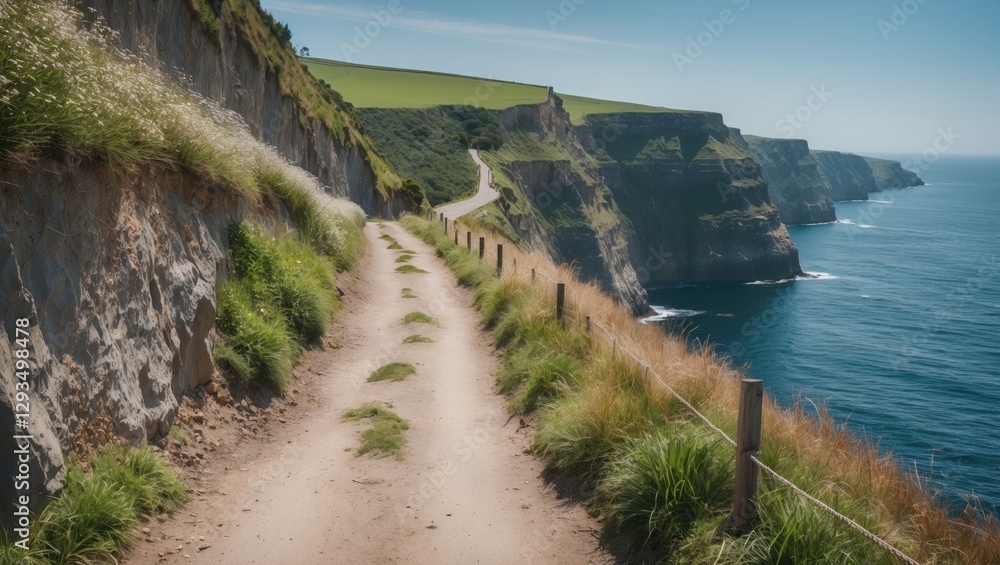 Poster coastal pathway along steep cliffs with lush greenery and open space for added text or branding