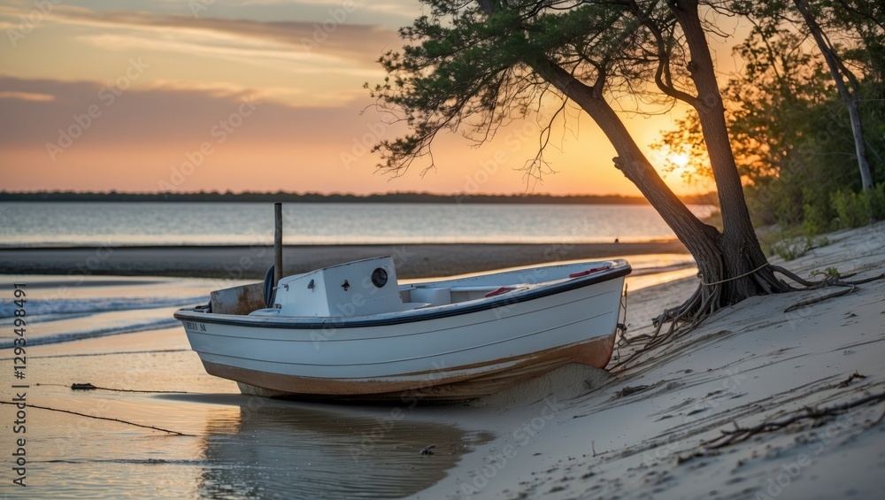 Poster beached fiberglass boat tethered to tree at sunset over calm waters creating a serene coastal scene
