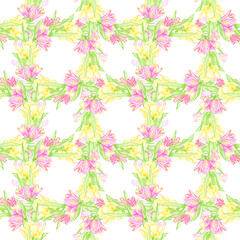 Hand drawn watercolor pink and yellow tulips with green leaves wreath seamless pattern. Illustration isolated on white background. Can be used for textile, fabric, wrapping and other printed products.