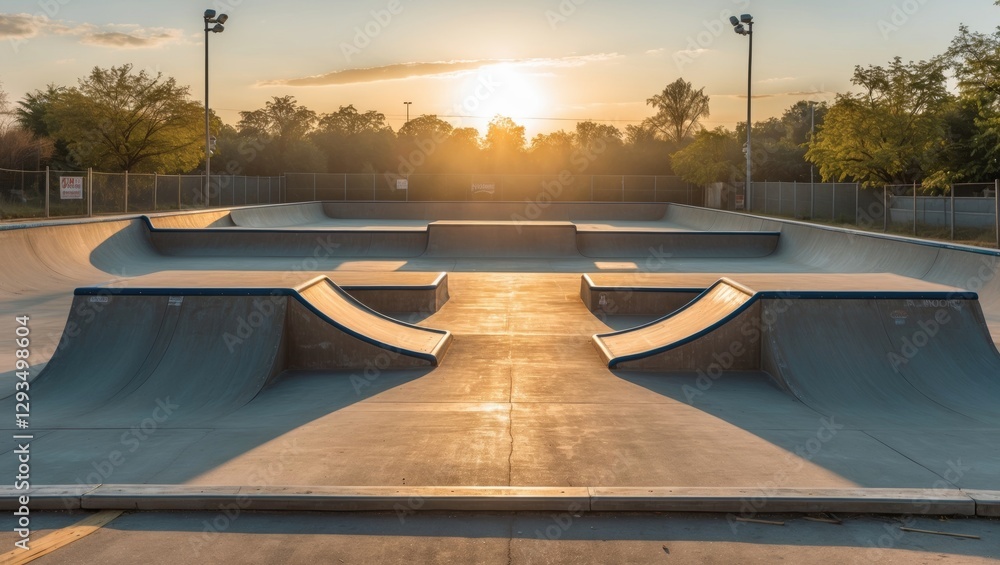 Poster skatepark at sunrise with open space for text in a serene morning setting and urban landscape