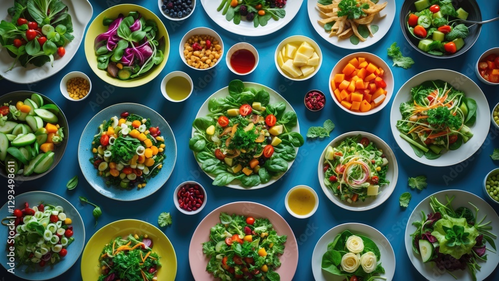 Aufkleber colorful overhead flat lay of assorted fresh salads in bowls with vegetables and fruits healthy eati