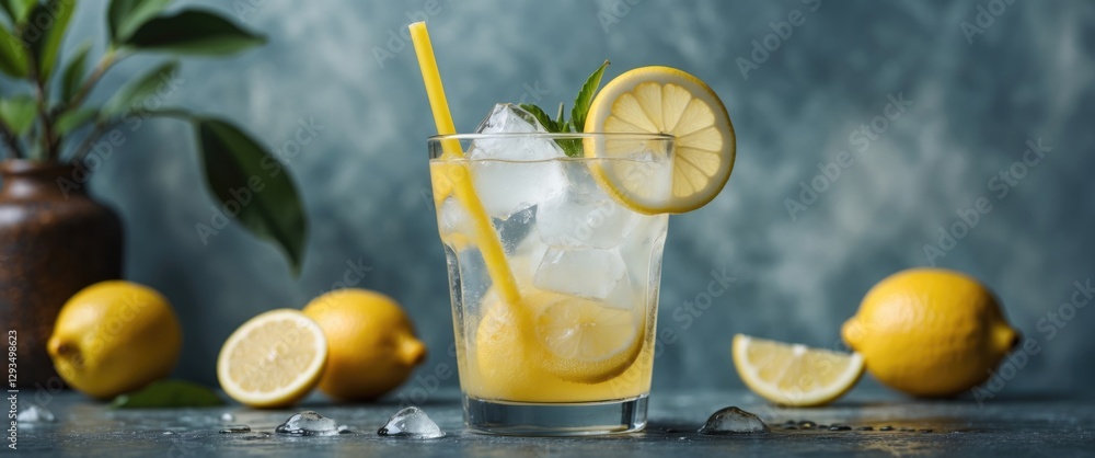 Poster refreshing iced lemon drink with straw and fresh lemon slices beside, ideal for summer beverage prom