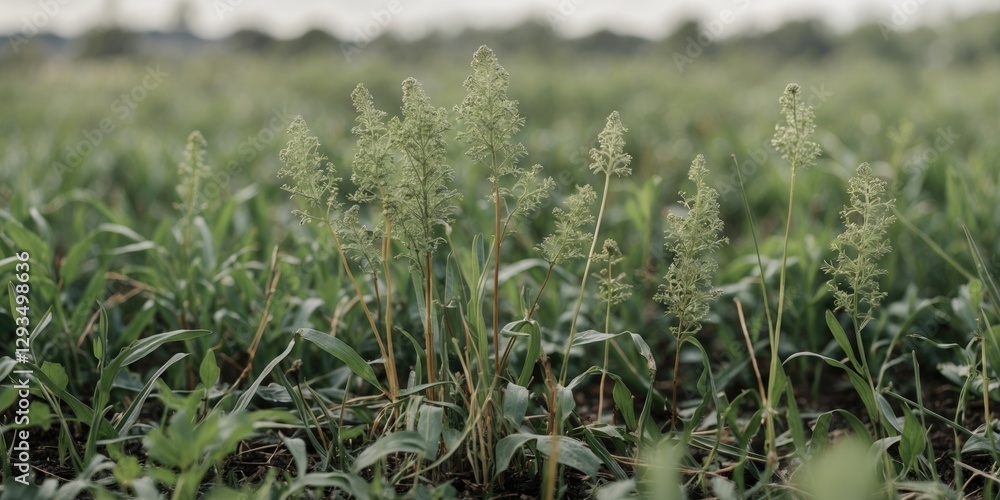Poster weeds growing in a lush green field with clear copy space for text overlay in nature setting