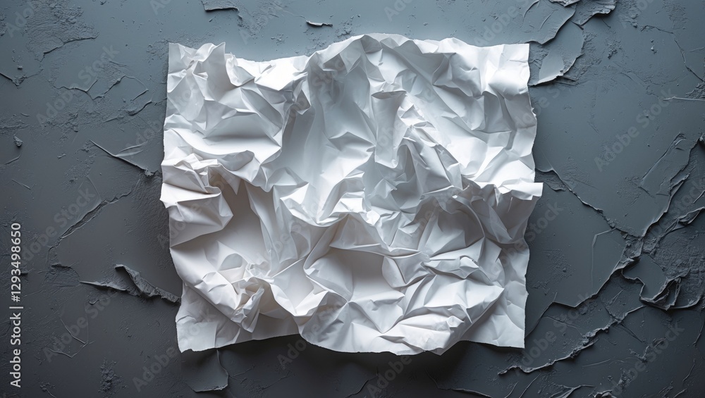 Poster Crumpled white paper sheet on textured gray background ideal for backgrounds and creative design projects.