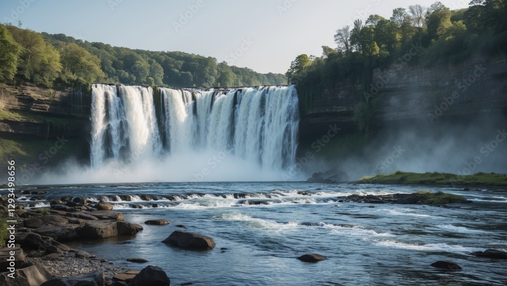 Poster majestic waterfall cascading into serene river with lush greenery and clear sky featuring ample spac