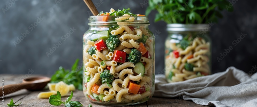 Poster pasta salad with fresh vegetables in a jar on a rustic table with copy space for text and a second j