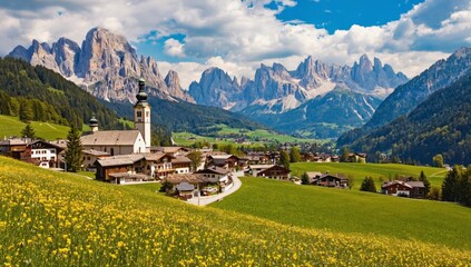 Fototapeta premium Alpine village church, scenic valley, wildflowers, mountains