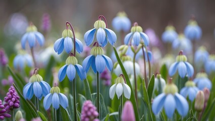 Delicate Pasque Flowers in Soft Focus Displaying Their Unique Blue and Green Petals Amidst a Lush Spring Landscape