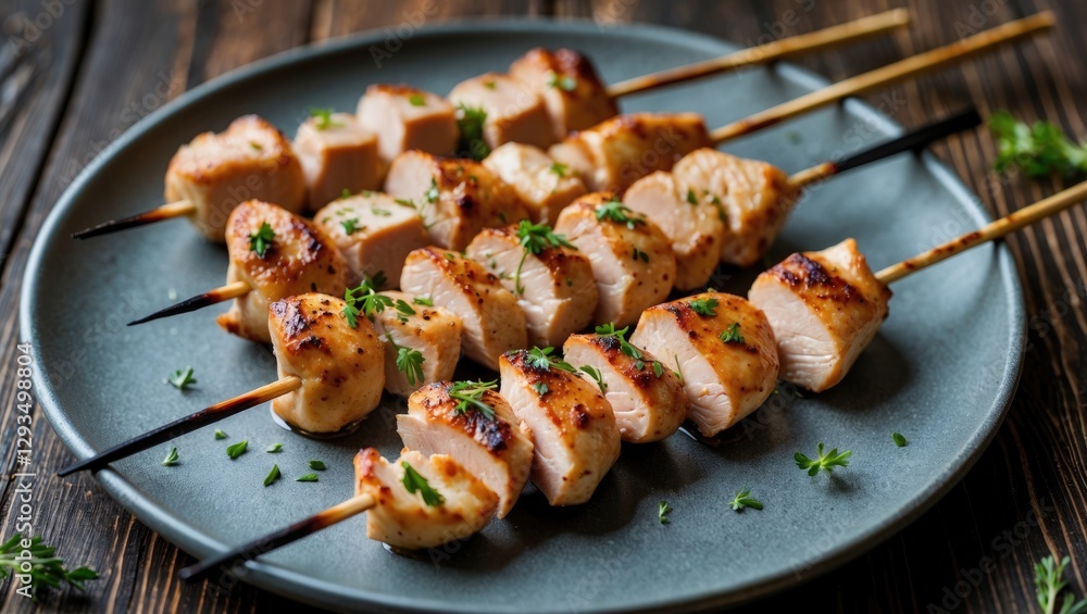 Aufkleber grilled chicken skewers on a plate garnished with fresh herbs and blank space for text overlay