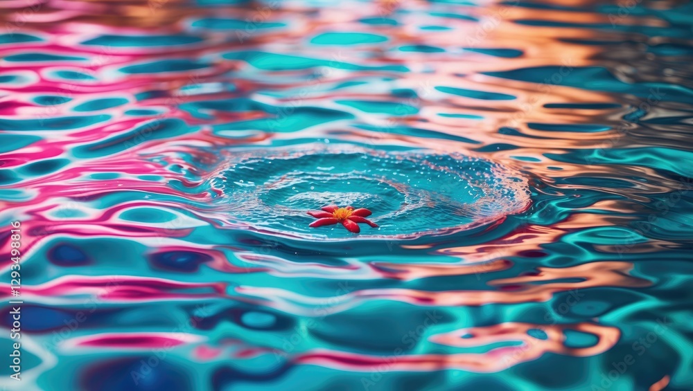 Poster rippling water surface in a swimming pool with colorful reflections and a pink flower floating in th