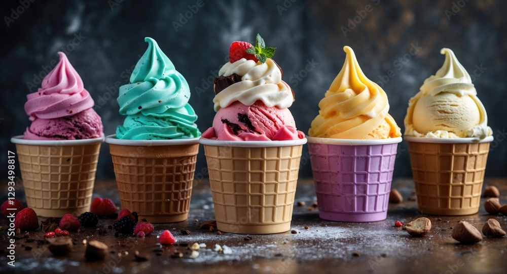 Aufkleber colorful assortment of six flavored ice creams in paper cups with empty space for custom text or bra