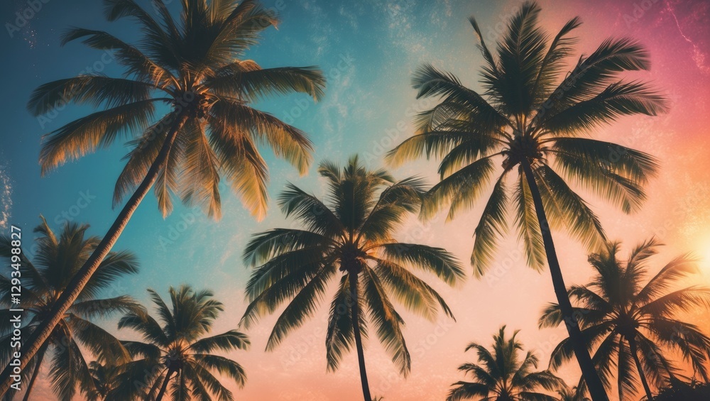 Poster silhouetted palm trees at sunset with vintage retro fade and sun flare ideal for tropical background