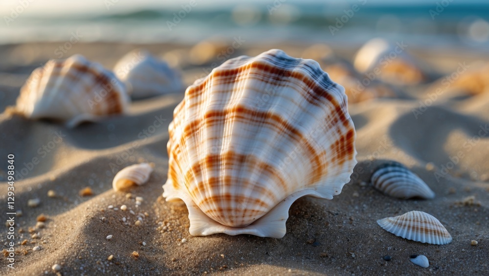 Poster beautiful seashells on sandy beach at sunset with soft waves in background for nature or coastal the