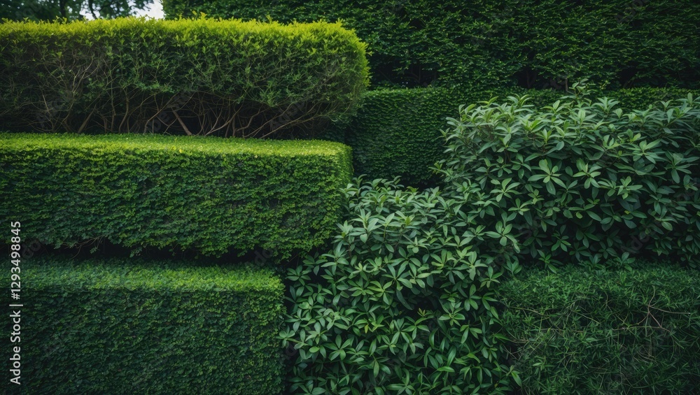 Poster lush green hedges and textured shrubbery creating a natural exterior background for landscaping and 
