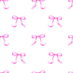 Hand drawn watercolor pink bow seamless pattern. Illustration isolated on white background. Can be used for textile, fabric, wrapping and other printed products.