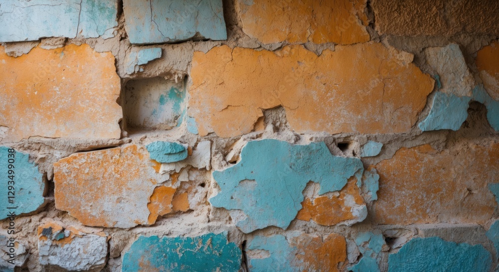 Aufkleber textured wall with peeling orange and blue paint creating a rustic and abstract background for desig