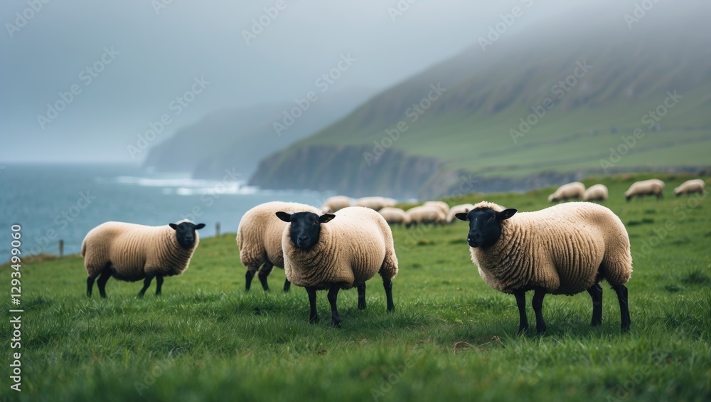 Poster sheep grazing on lush green grass with foggy hills and ocean background in a serene tourist destinat