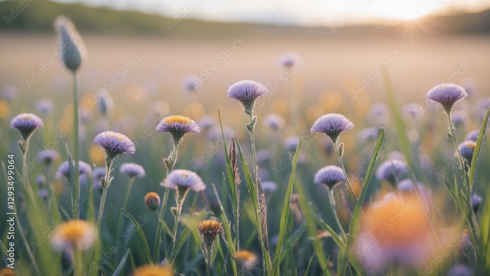 Aufkleber Blooming Wildflower Meadow with Soft Focus and Empty Space for Text Overlay